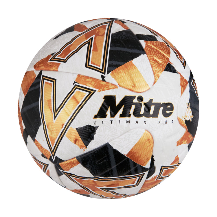 Front ¾ right view of the Mitre Ultimax Pro Football White, Gold and Black