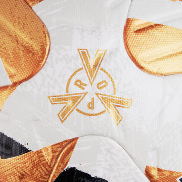 Back ¾ left view of the Mitre Ultimax Pro Football White, Gold and Black