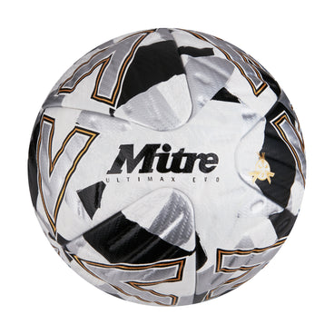 Front view of the Mitre Ultimax Evo Football White, Silver and Black