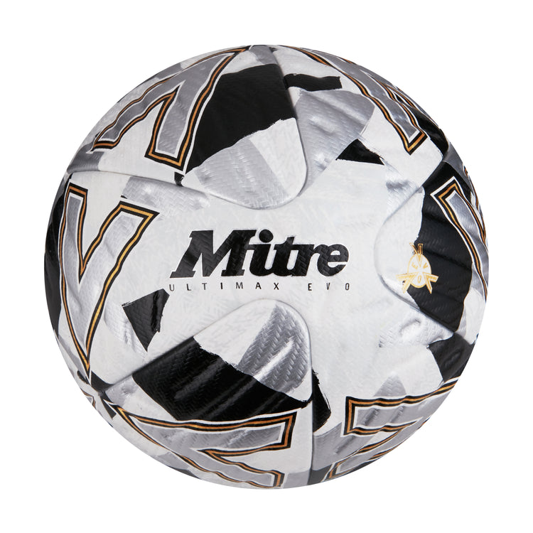 Front view of the Mitre Ultimax Evo Football White, Silver and Black