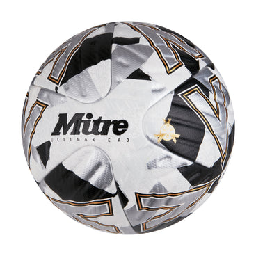 Front ¾ left view of the Mitre Ultimax Evo Football White, Silver and Black