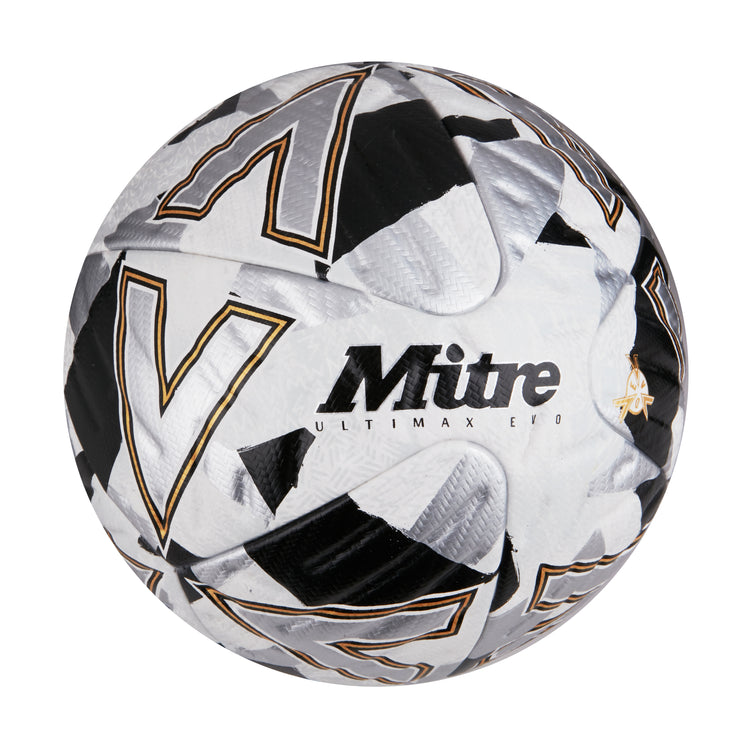 Front ¾ right view of the Mitre Ultimax Evo Football White, Silver and Black