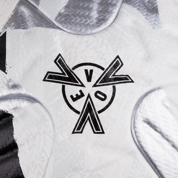 Back ¾ left view of the Mitre Ultimax Evo Football White, Silver and Black