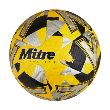Front ¾ left view of the Mitre Ultimax Evo Football Yellow, Silver and Black