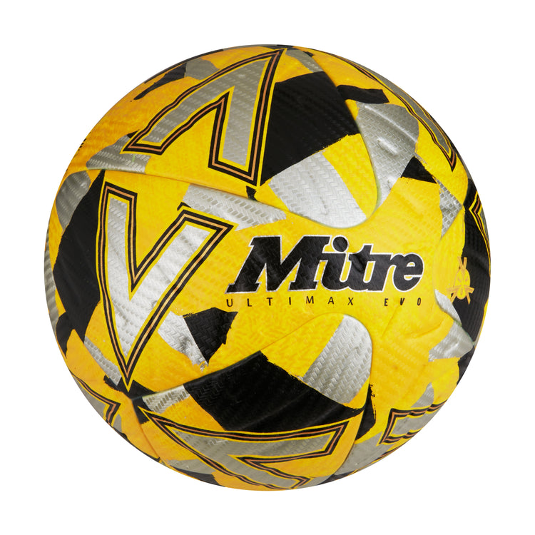 Front ¾ right view of the Mitre Ultimax Evo Football Yellow, Silver and Black