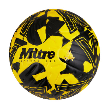 Front ¾ left view of the Mitre Ultimax One Training Ball Yellow and Black