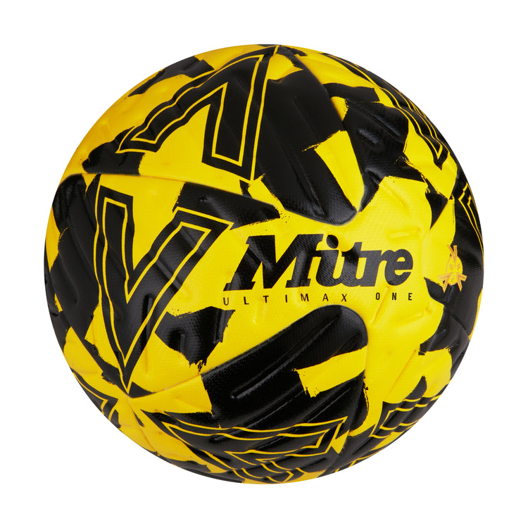 Front ¾ right view of the Mitre Ultimax One Training Ball Yellow and Black