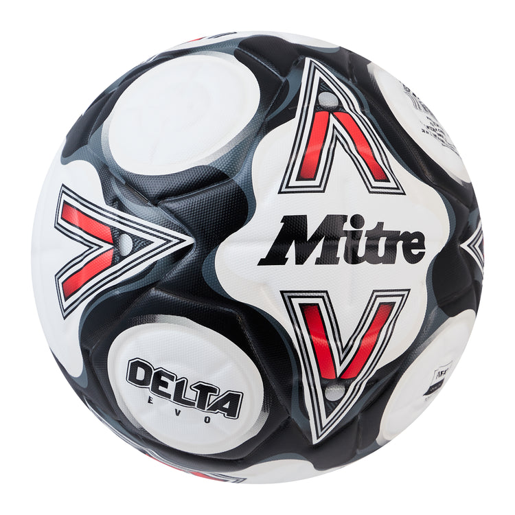 Front ¾ right view of the Mitre Delta Evo Football White and Black