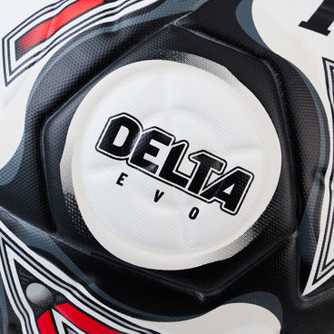Back ¾ left view of the Mitre Delta Evo Football White and Black