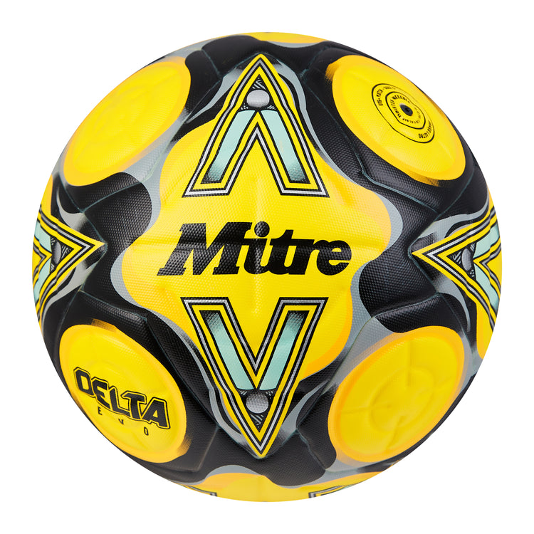 Front view of the Mitre Delta Evo Football Yellow and Black
