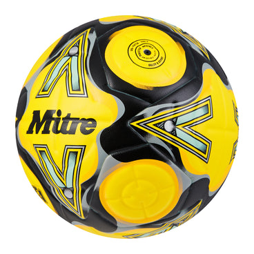 Front ¾ left view of the Mitre Delta Evo Football Yellow and Black