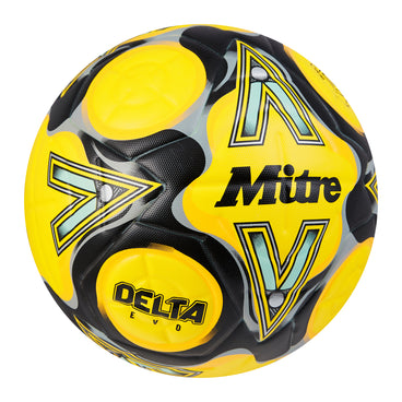 Front ¾ right view of the Mitre Delta Evo Football Yellow and Black