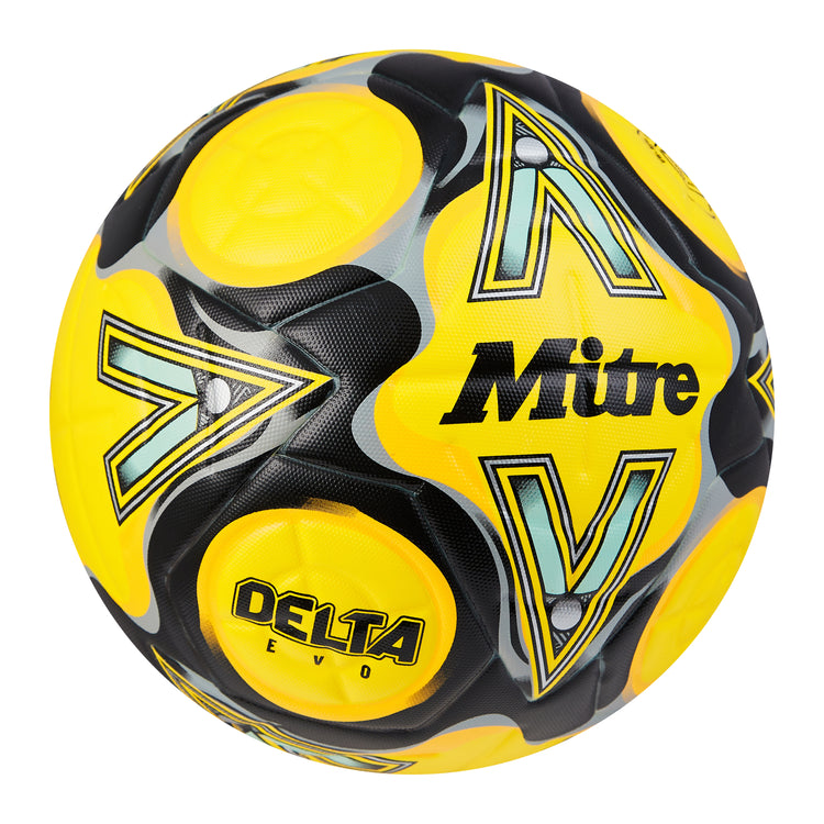 Front ¾ right view of the Mitre Delta Evo Football Yellow and Black