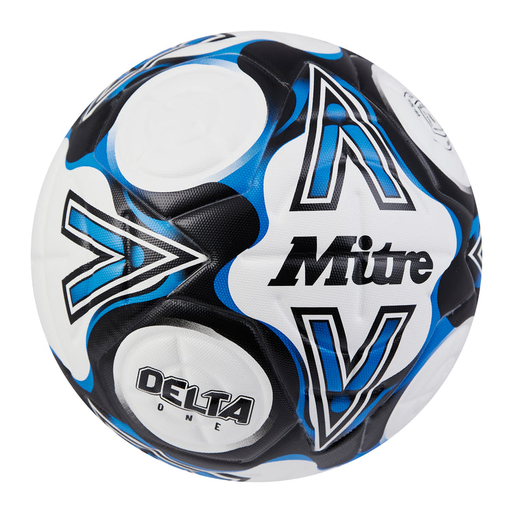Front ¾ right view of the Mitre Delta One Football White and Black