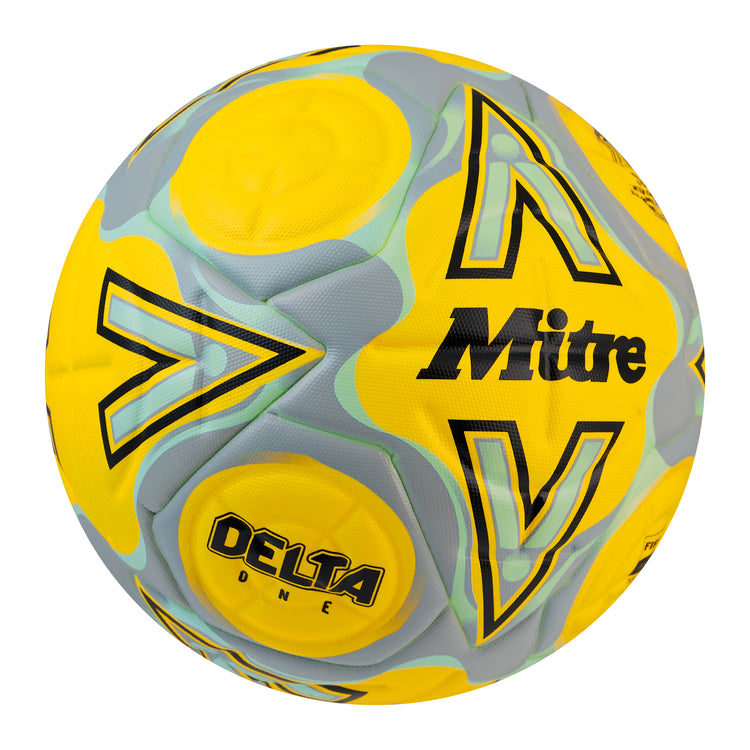 Front ¾ right view of the Mitre Delta One Football Yellow and Black