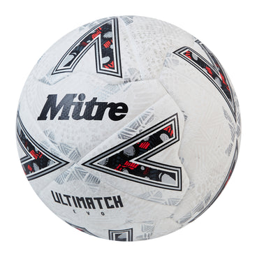 Front ¾ left view of the Mitre Ultimatch Evo Football White