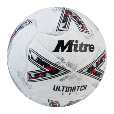 Front ¾ right view of the Mitre Ultimatch Evo Football White