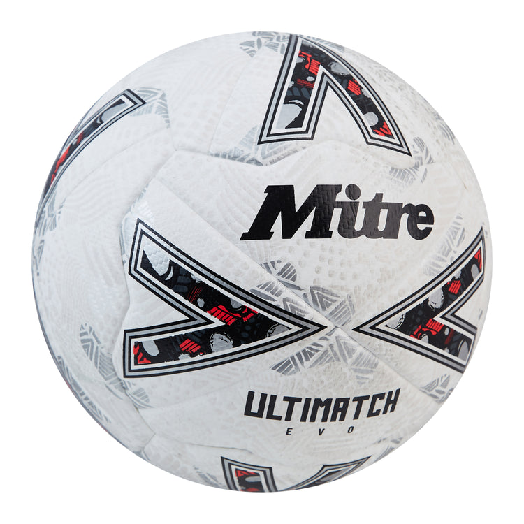 Front ¾ right view of the Mitre Ultimatch Evo Football White