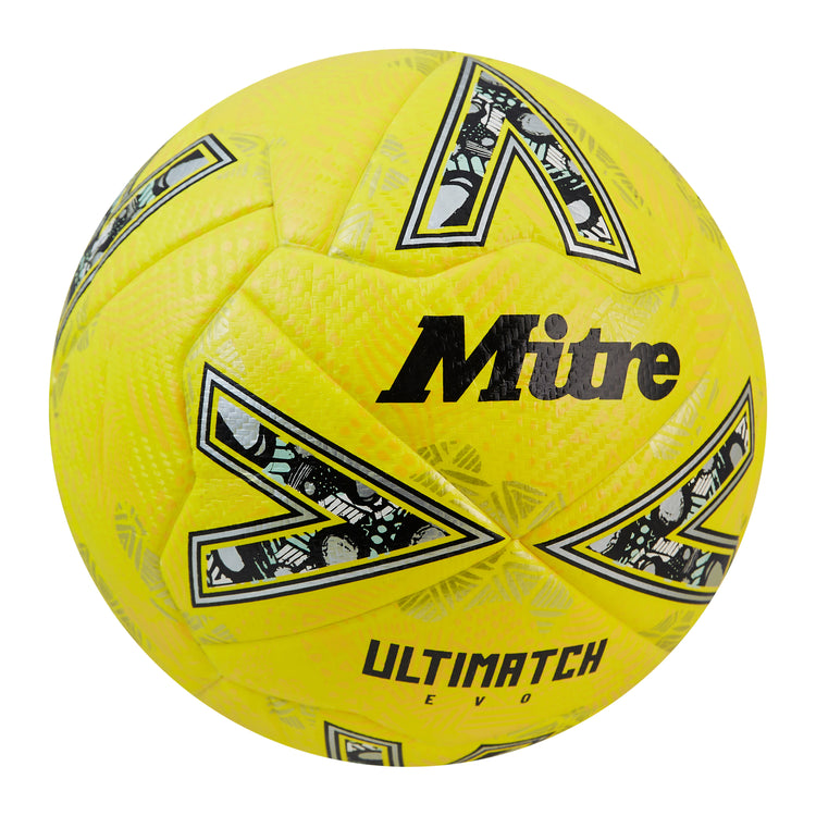 Front ¾ right view of the Mitre Ultimatch Evo Football Yellow
