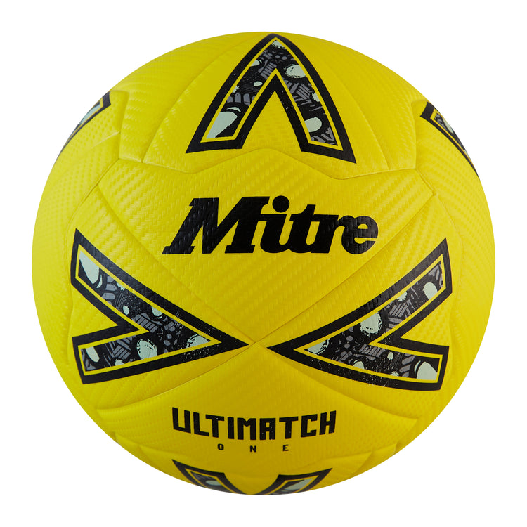 Front view of the Mitre Ultimatch One Football Yellow and Black