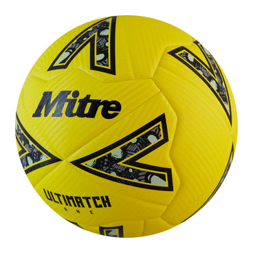 Front ¾ left view of the Mitre Ultimatch One Football Yellow and Black