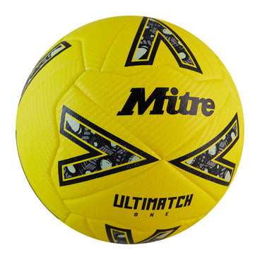 Front ¾ right view of the Mitre Ultimatch One Football Yellow and Black