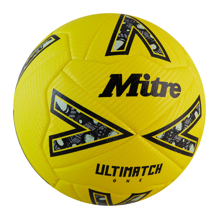 Front ¾ right view of the Mitre Ultimatch One Football Yellow and Black