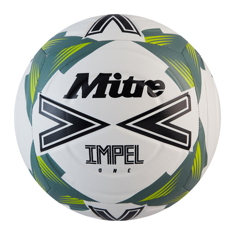 Front view of the Mitre Impel One Football White and Black