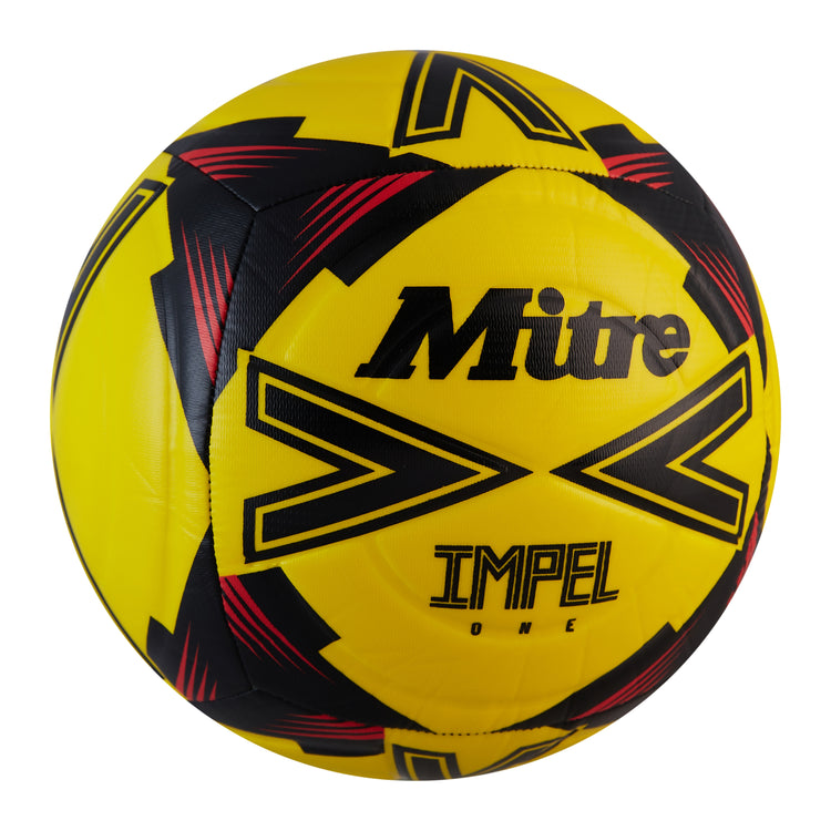 Front ¾ right view of the Mitre Impel One Football Yellow and Black