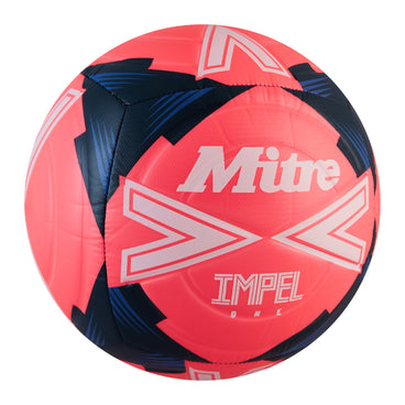 Front ¾ right view of the Mitre Impel One Football Pink and White