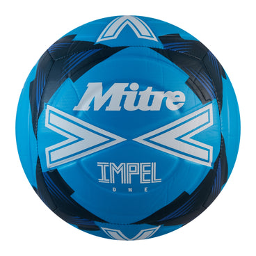 Front view of the Mitre Impel One Football Blue and White