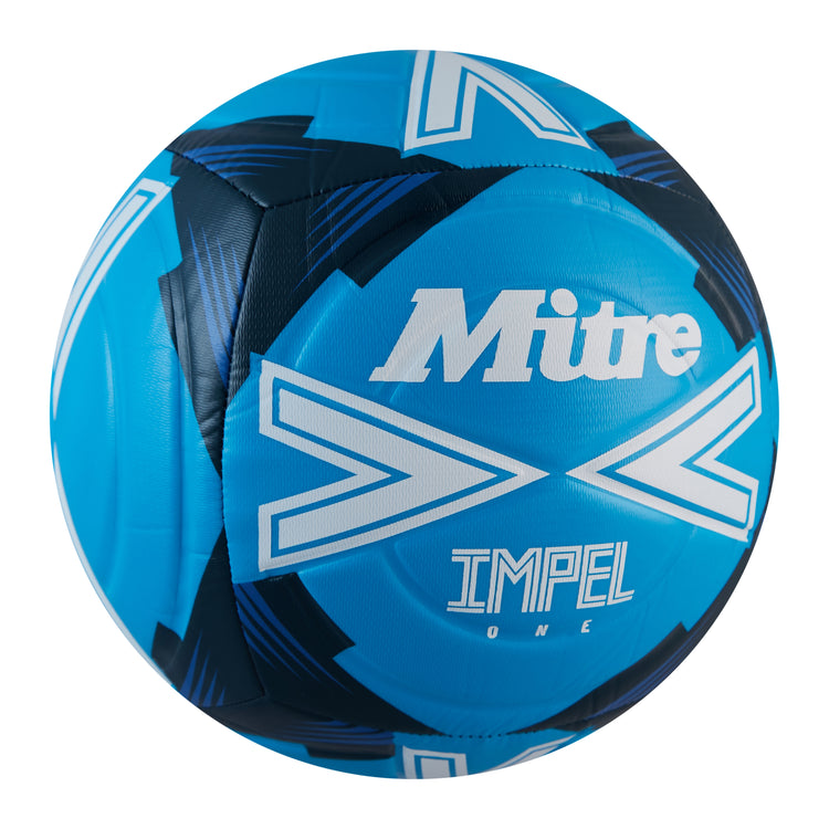 Front ¾ right view of the Mitre Impel One Football Blue and White