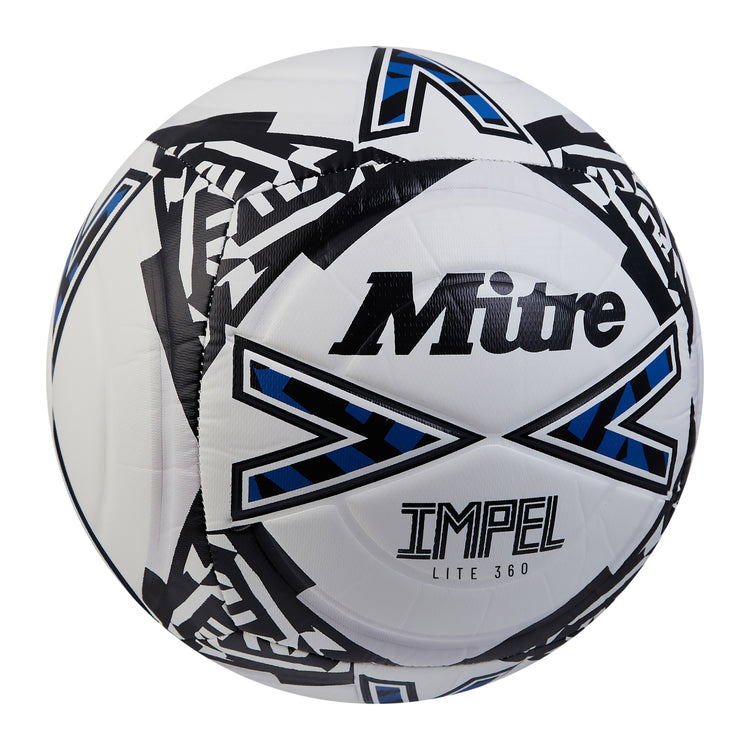 Front ¾ right view of the Mitre Impel Lite 360 Football White and Black