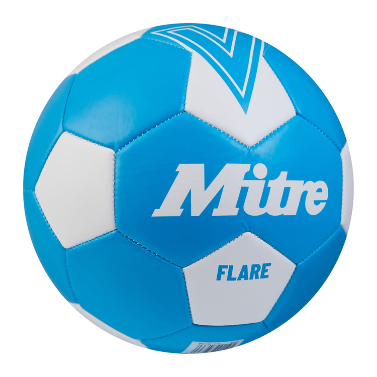 Front ¾ right view of the Mitre Flare Football Blue and White