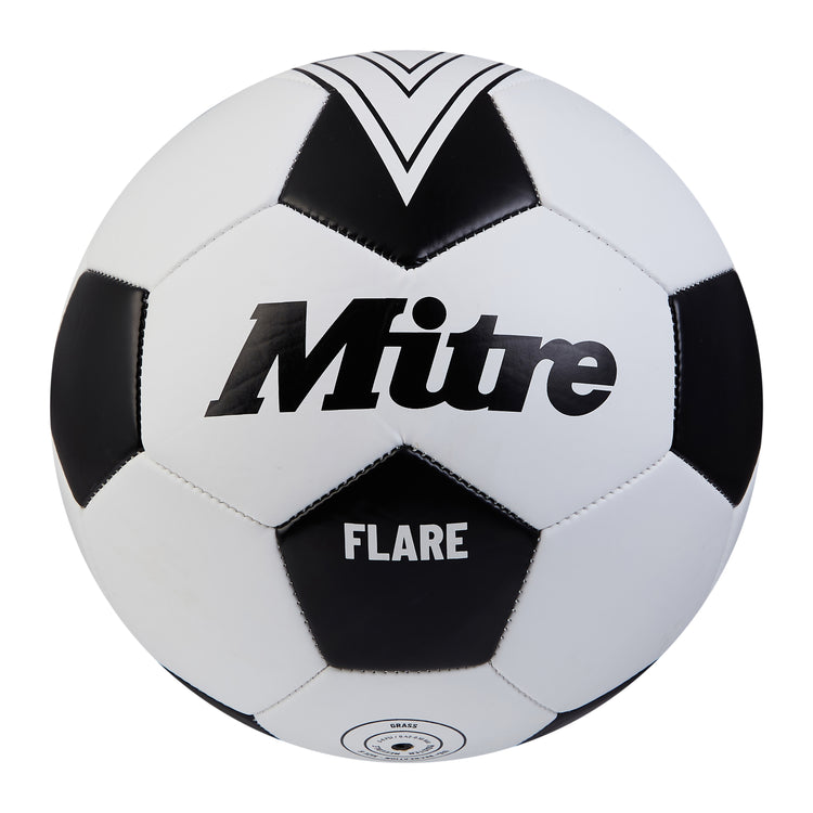 Front view of the Mitre Flare Football White and Black