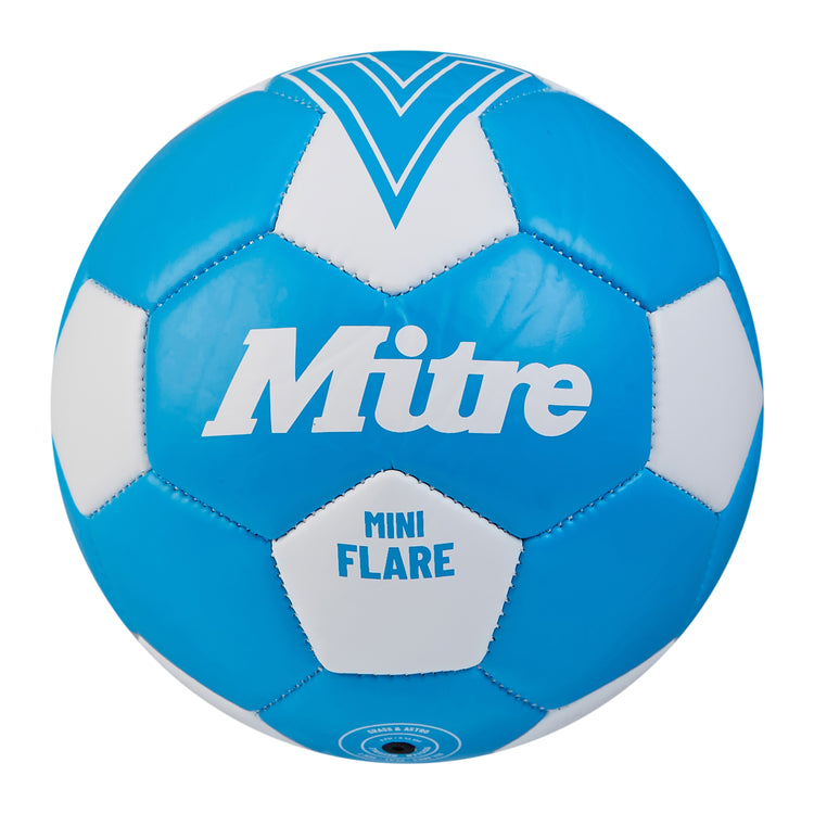 Front view of the Mitre Mini Flare Football Blue and White