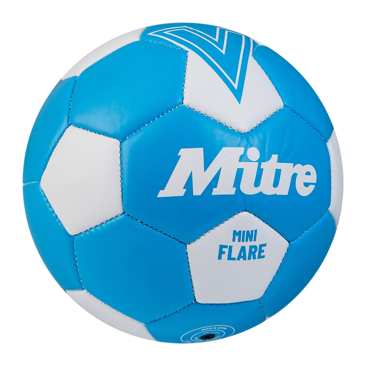 Front ¾ right view of the Mitre Mini Flare Football Blue and White