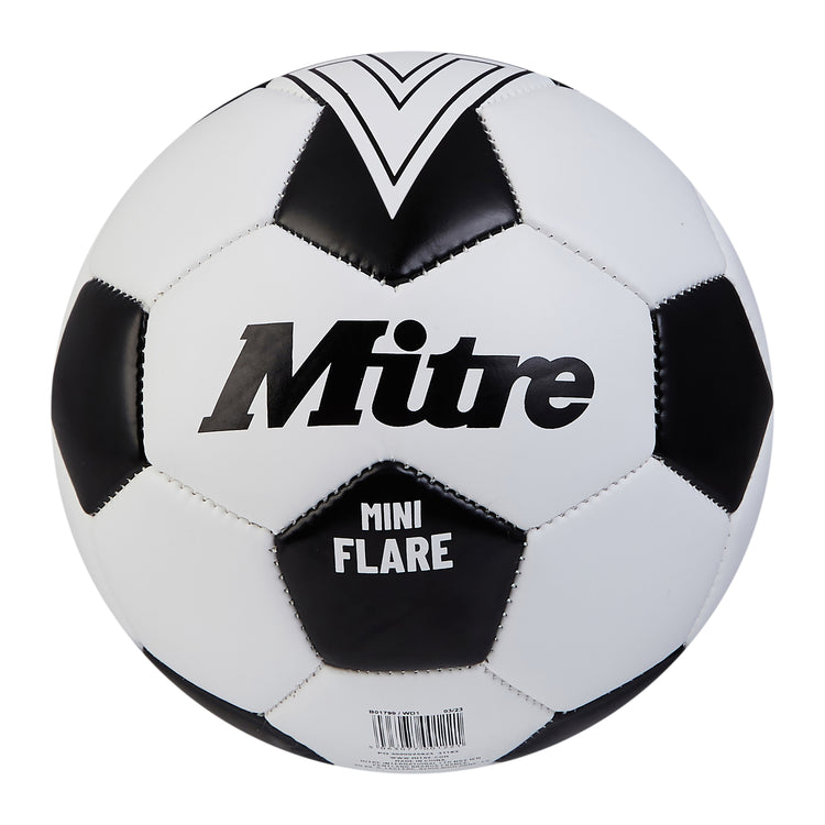 Front view of the Mitre Mini Flare Football White and Black