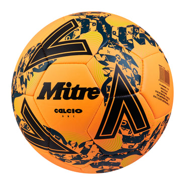 Front ¾ left view of the Mitre Calcio Football Orange and Black