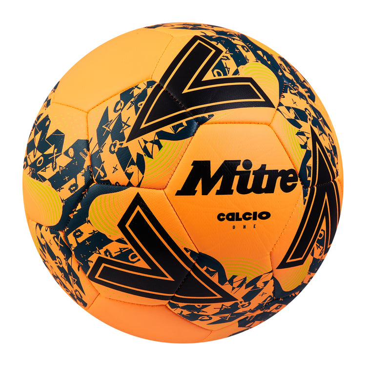 Front ¾ right view of the Mitre Calcio Football Orange and Black