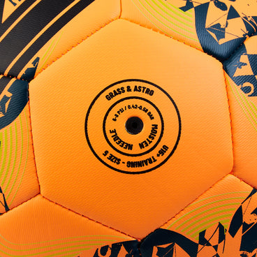 Back ¾ right view of the Mitre Calcio Football Orange and Black