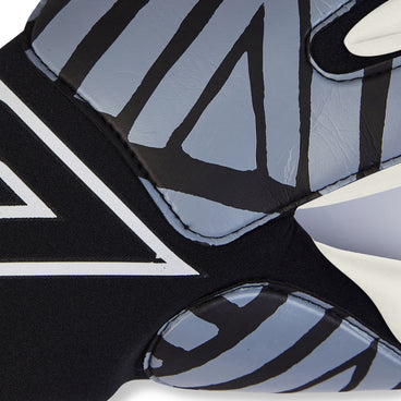 Back ¾ left view of the Mitre Impel Junior Unisex Glove Black and Grey