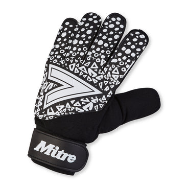 Front ¾ left view of the Mitre Magnetite Junior Unisex Glove Black and White