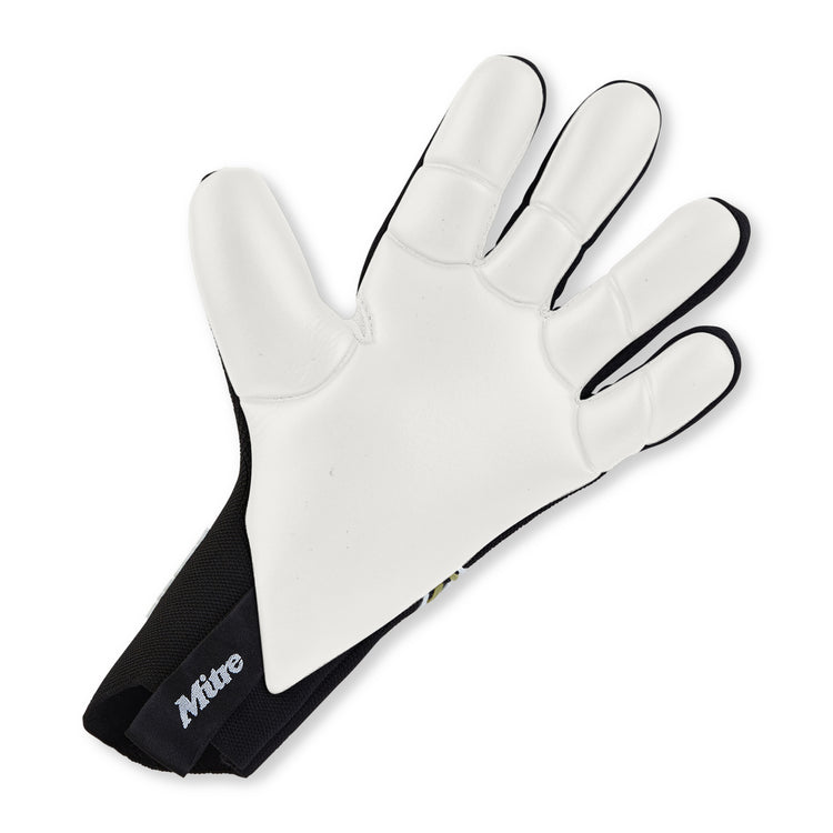 Front ¾ right view of the Mitre Ultimatch Glove Black and White