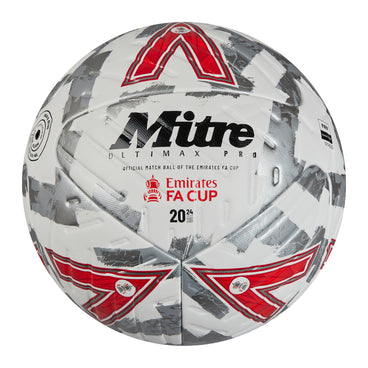 Front view of the Mitre Emirates FA Cup Ultimax Pro Football White, Silver and Red