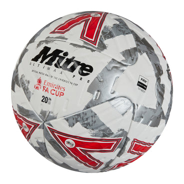 Front ¾ left view of the Mitre Emirates FA Cup Ultimax Pro Football White, Silver and Red