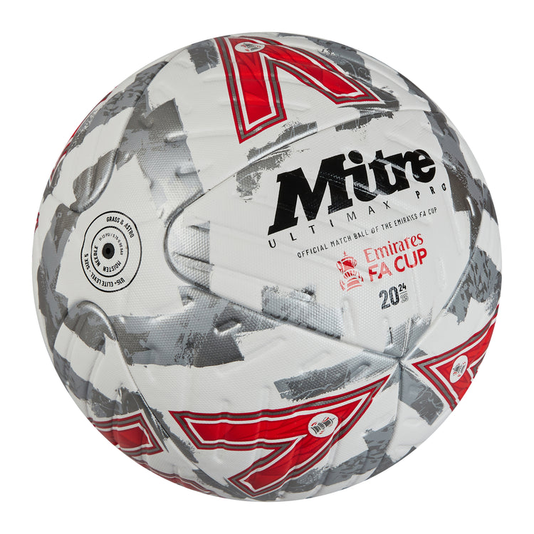Front ¾ right view of the Mitre Emirates FA Cup Ultimax Pro Football White, Silver and Red