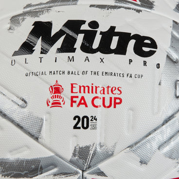 Back ¾ left view of the Mitre Emirates FA Cup Ultimax Pro Football White, Silver and Red