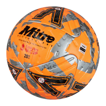 Front ¾ left view of the Mitre Emirates FA Cup Ultimax Pro Football Orange, Silver and Black