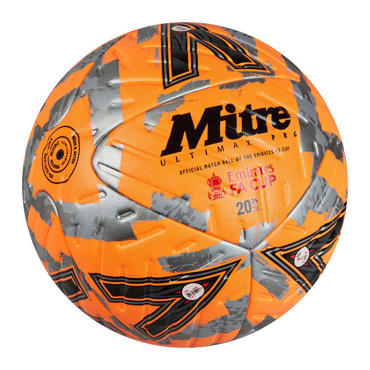 Front ¾ right view of the Mitre Emirates FA Cup Ultimax Pro Football Orange, Silver and Black